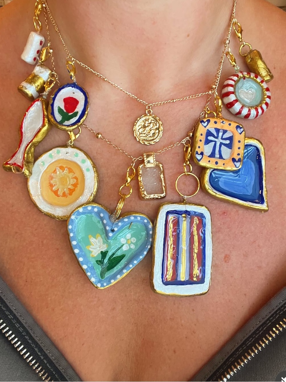 Hand-Painted Multicharm Heart & Tile Necklace - Blue, Gold & Multicolor
